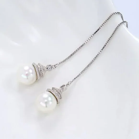 Cultured 7.75mm Pearl Earrings dangling from a 3.5 inch chain 18KY Plated - Picture 5 of 7